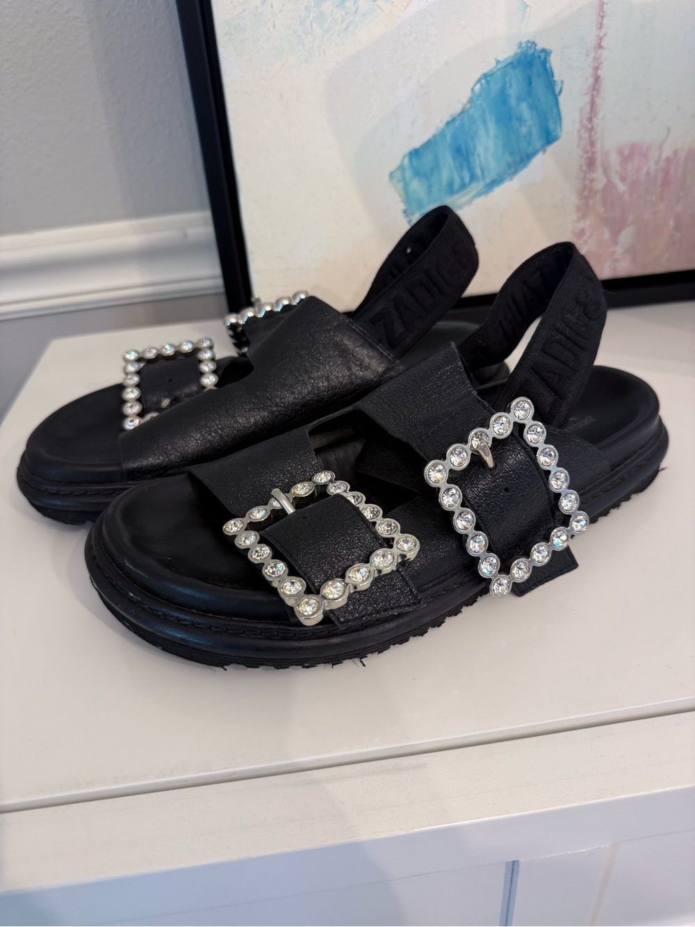 Zadig & Voltaire Alpha Grunge Black leather Crystal Buckle Slingback Sandals